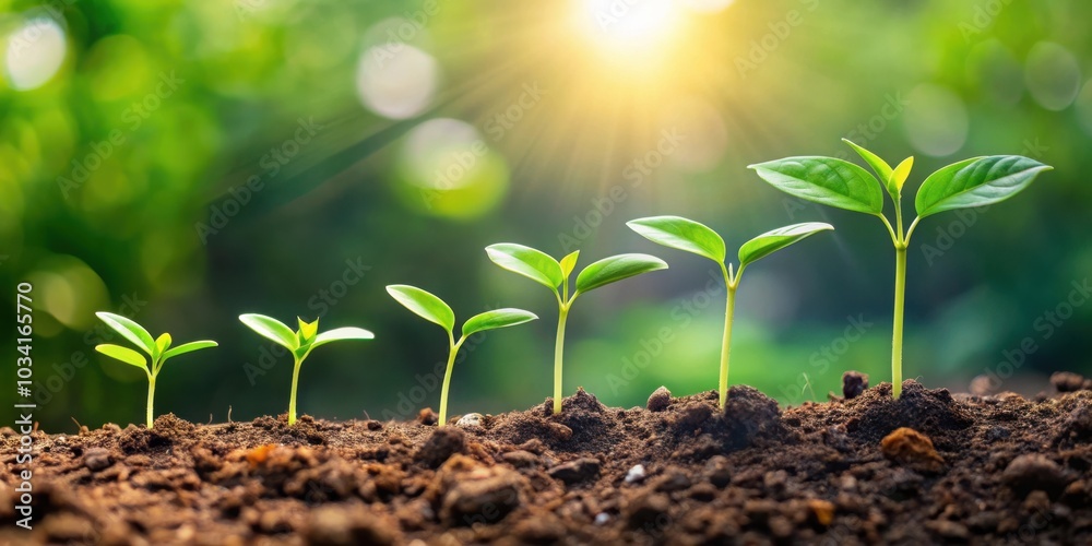 Five Seedlings Growing in Rich Soil, Basking in the Warm Glow of the Morning Sun