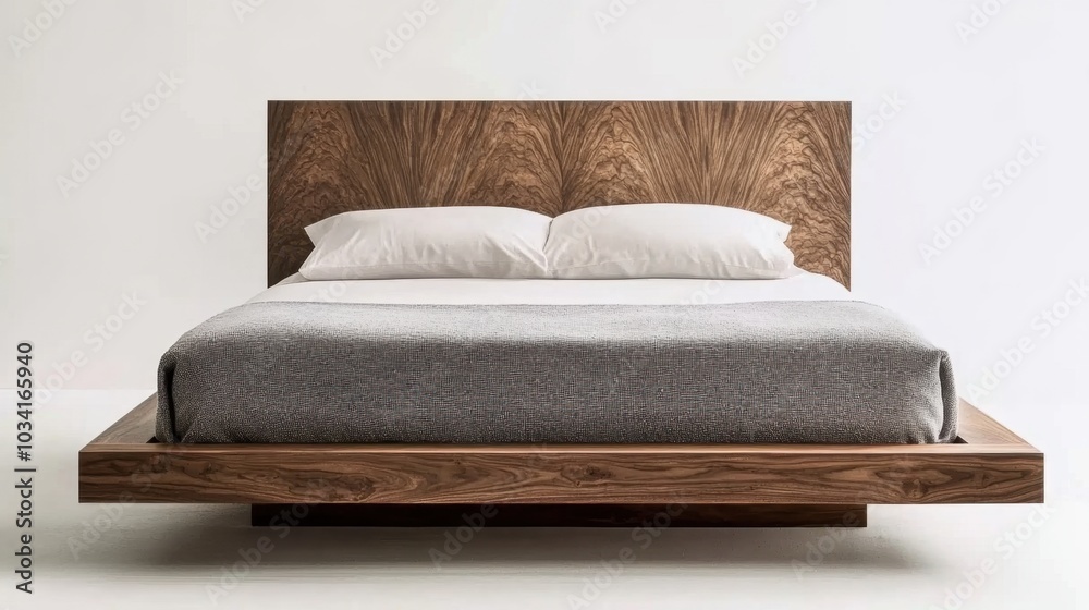 Cozy and contemporary bed with gray and white linens, framed by a simple wooden headboard, standing out against a white backdrop Cozy and contemporary bed with gray and white linens, framed by a simple wooden headboard, standing out against a white backdrop
