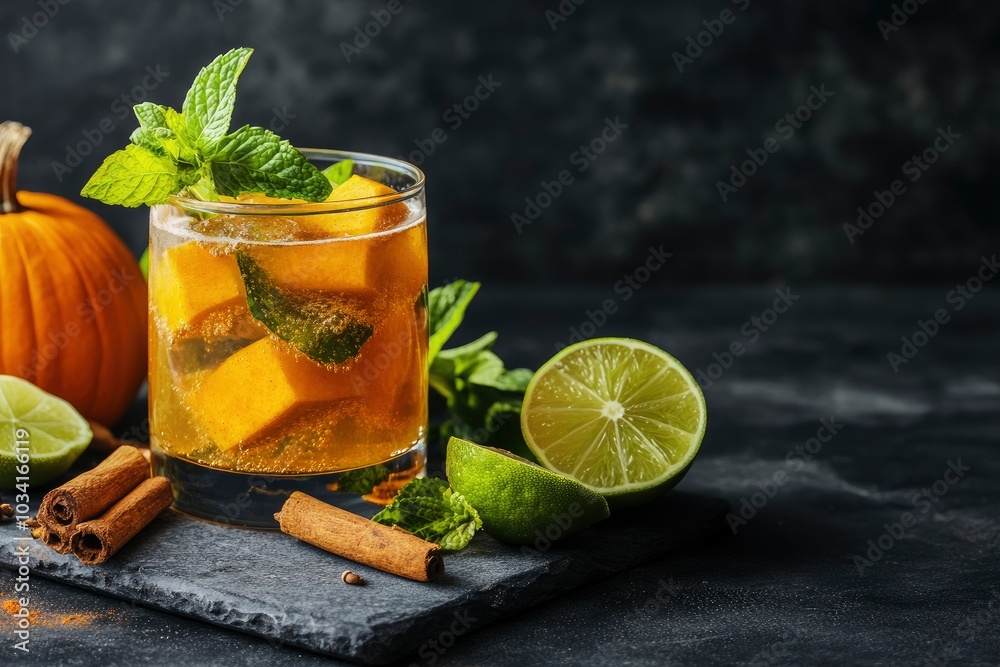 custom made wallpaper toronto digitalSpicy autumn pumpkin cocktail. Alcohol warming gin drink with pumpkin, lime, cinnamon, mint, autumn winter sangria on dark background copy space - generative ai