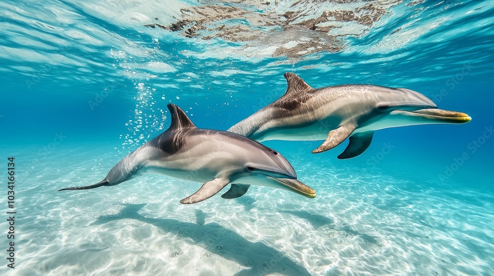 Fototapeta premium Two dolphins swimming gracefully underwater in crystal clear blue waters.
