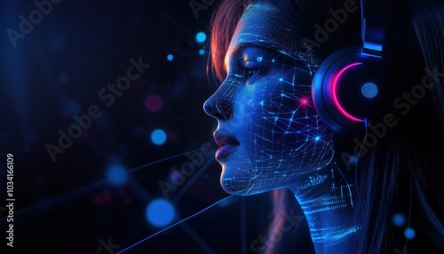 Abstract Concept Of Voice-Activated Customer Support By Ai:  Illustration Of Customer Service And Voice Recognition Technology Using Voice Commands. Ai Metaphor.
