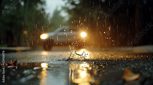 A torrential rainstorm with heavy raindrops falling, showing the overwhelming power of water in weather, rainstorm, water force photo