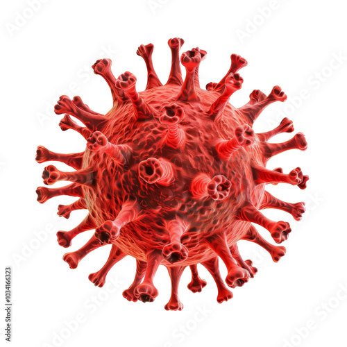 Detailed illustration of a red virus in a 3D view showcasing its surface structure and unique features in a scientific context