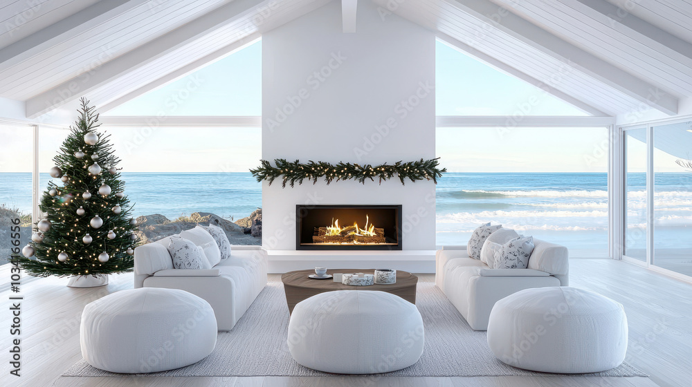 Fototapeta premium Modern Beach House Living Room with Christmas Decor and Fireplace