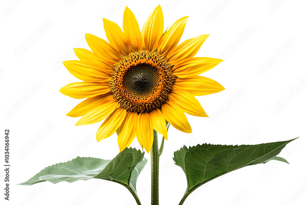 Fototapeta premium Bright sunflower with vibrant yellow petals and green leaves, isolated on a white background.