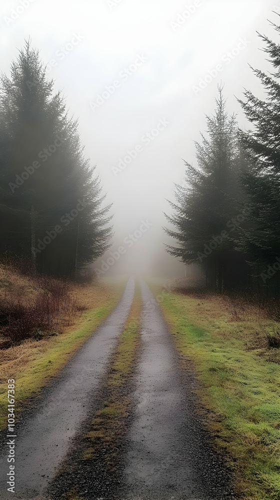 Fototapeta premium Misty Road Winding Through Fog-Covered Forest Surrounded by Tall Trees