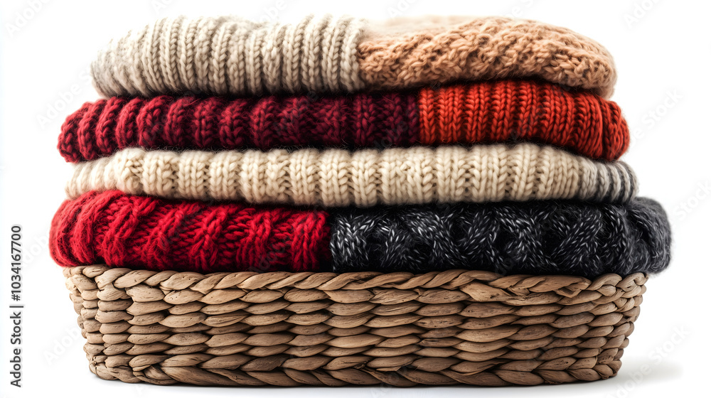 Stack of Warm Sweaters in Basket Isolated on White Stack of Warm Sweaters in Basket Isolated on White