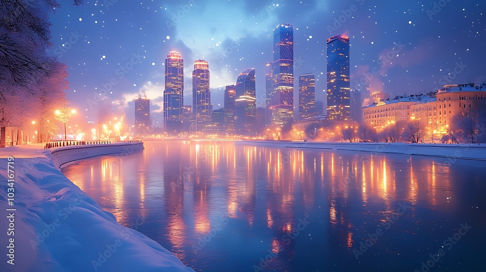 Fototapeta premium A snowy cityscape with a river in the foreground and skyscrapers in the background.