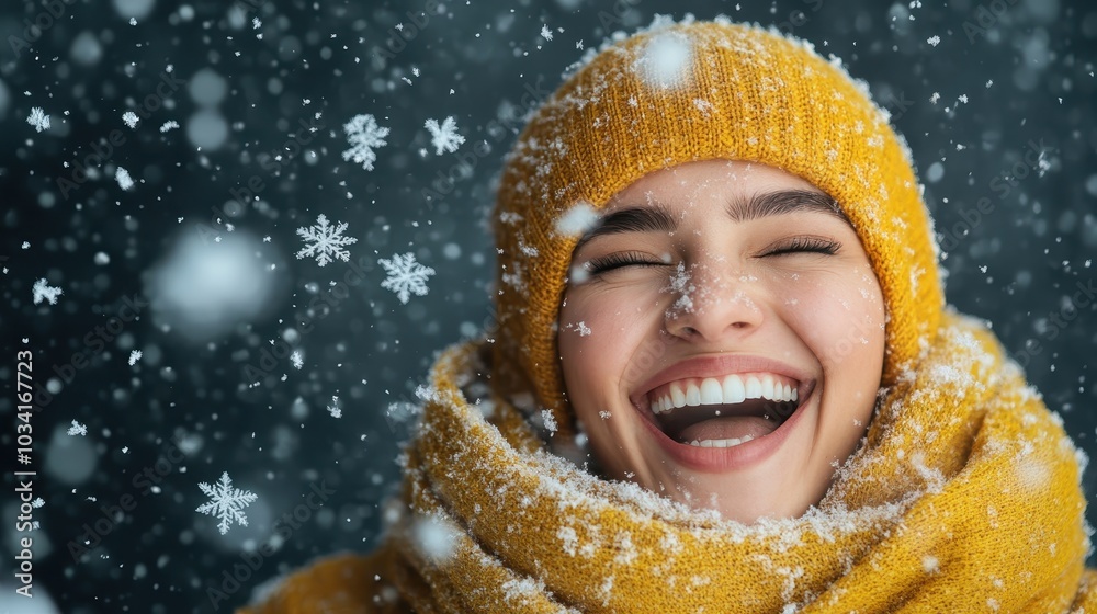 A joyful woman wearing a yellow hat and scarf laughs joyously while standing in the midst of falling snowflakes, celebrating the beauty and wonder of winter's night. A joyful woman wearing a yellow hat and scarf laughs joyously while standing in the midst of falling snowflakes, celebrating the beauty and wonder of winter's night.
