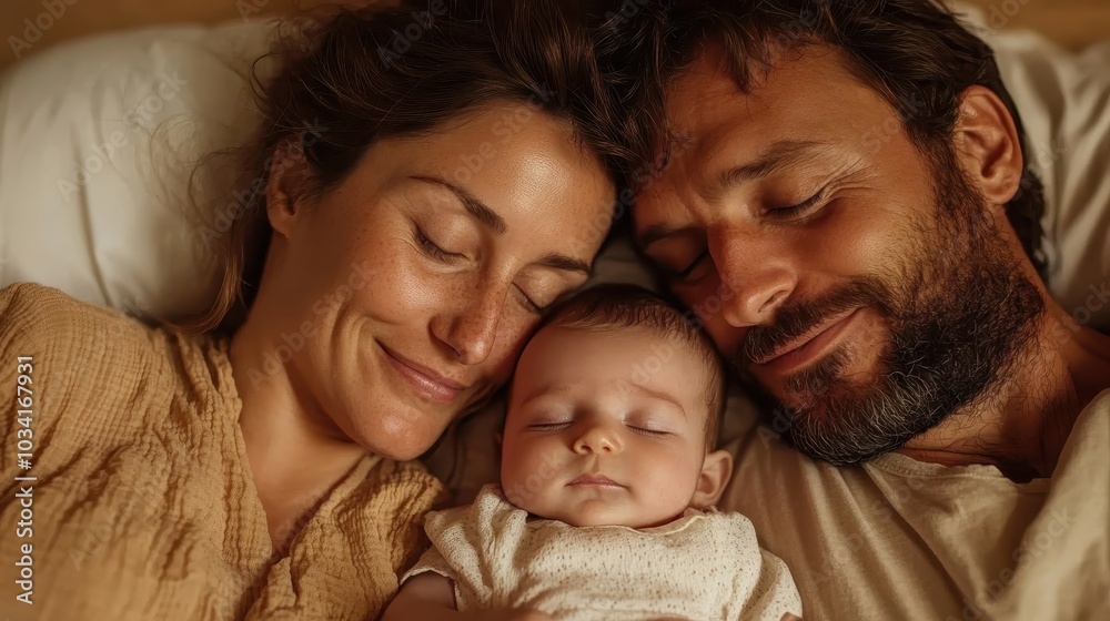 A tranquil image of a family with their baby asleep, embodying peace and security. Evokes emotions of love and the gentle embrace of parent-child unity. A tranquil image of a family with their baby asleep, embodying peace and security. Evokes emotions of love and the gentle embrace of parent-child unity.