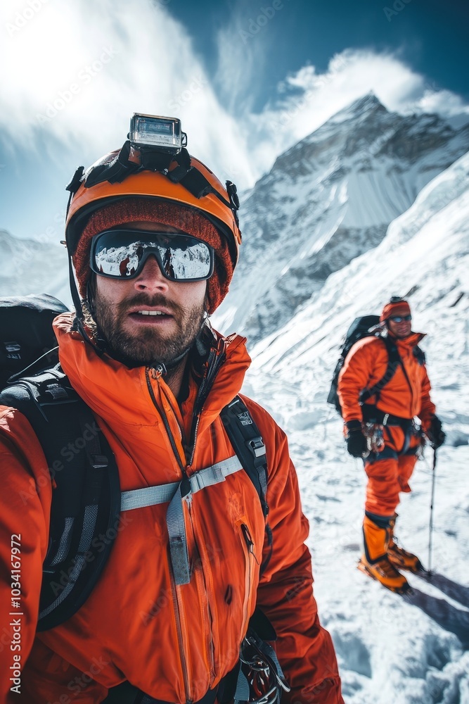Adventurers climbing snowy peaks on a clear day in the Himalayas Adventurers climbing snowy peaks on a clear day in the Himalayas