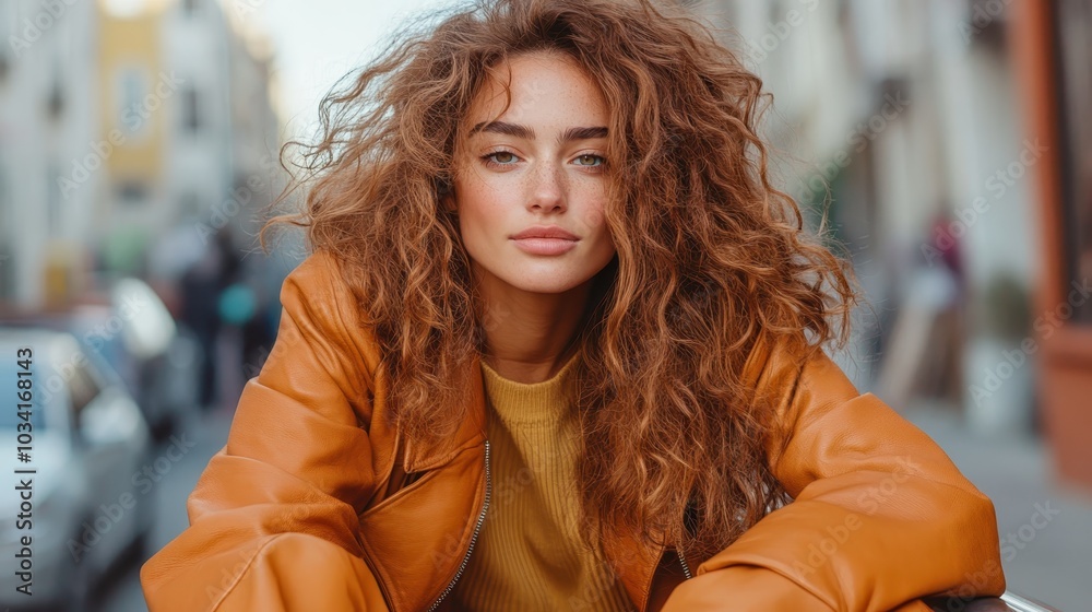 A young woman with vibrant curly hair and a tan jacket is photographed outdoors, exuding a sense of confident style and carefree urban charm.