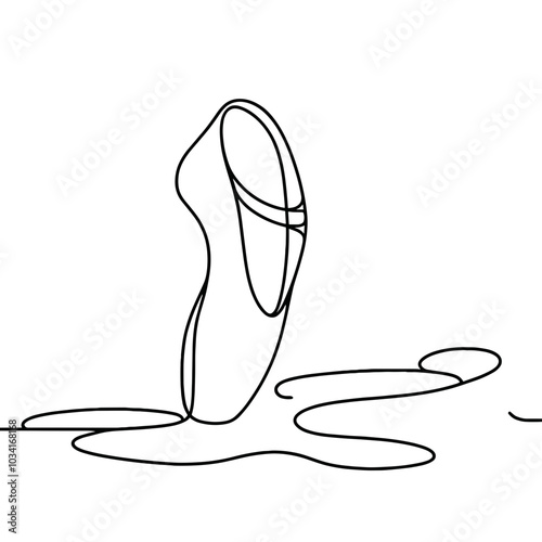 A ballet shoe is shown in a black and white drawing. The shoe is upside down and he is on the ground. Concept of elegance and grace, as ballet shoes are often associated with the art form