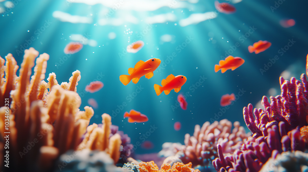 Fototapeta premium Colorful coral reef with vibrant fish swimming.