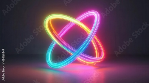 Colorful neon light rings forming an artistic abstract shape.