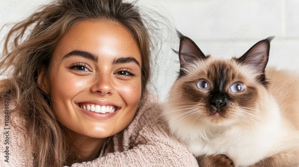 A cheerful woman with long hair poses next to a fluffy, blue-eyed cat, both radiating joy and warmth in a bright, close-up portrait shot against a neutral backdrop. A cheerful woman with long hair poses next to a fluffy, blue-eyed cat, both radiating joy and warmth in a bright, close-up portrait shot against a neutral backdrop.