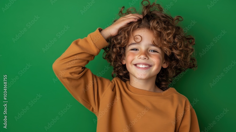 A cheerful, curly-haired child in a mustard-yellow shirt smiles brightly while posing against a simple green wall, capturing the essence of carefree joy and youth. A cheerful, curly-haired child in a mustard-yellow shirt smiles brightly while posing against a simple green wall, capturing the essence of carefree joy and youth.
