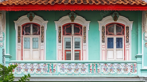 Close-up of intricate handmade Peranakan tiles adorning a heritage shophouse in Singapore.