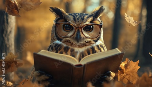 Owl With Glasses Reading Book In Forest For Educational Or School Theme - A Wise Bird With Spectacles Studying Nature. photo