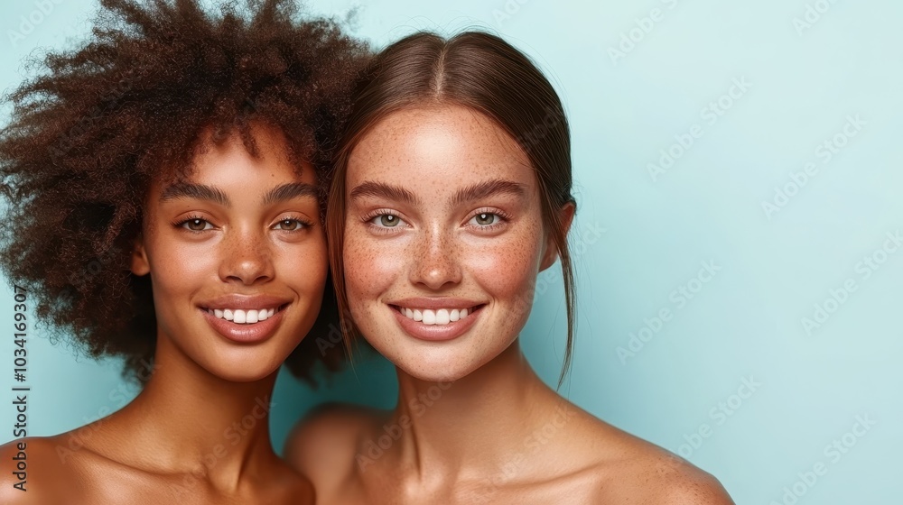 Two women with radiant smiles joyfully posing against a serene pastel blue backdrop, symbolizing friendship, happiness, and natural beauty in minimalistic style.