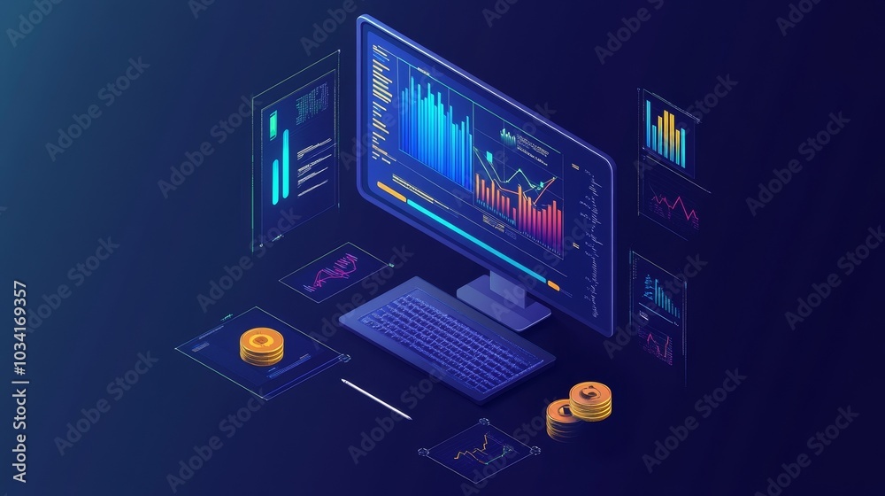 Modern digital workspace with data analytics and financial charts Modern digital workspace with data analytics and financial charts
