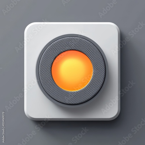 Close-up of a modern, illuminated button on a gray surface, featuring an orange glow and sleek design. 3d model mobile application icons