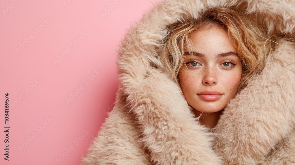 A woman with curly hair wearing a cozy, fluffy coat stands against a soft pink backdrop, exuding warmth and comfort in a stylish, fashion-forward moment. A woman with curly hair wearing a cozy, fluffy coat stands against a soft pink backdrop, exuding warmth and comfort in a stylish, fashion-forward moment.