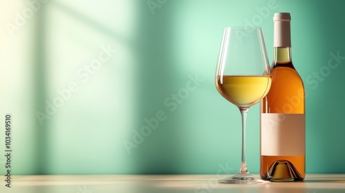 A chic and simple composition of a white wine bottle and a glass filled with a chilled golden liquid, smartly posed against a soft teal background with shadow play. photo