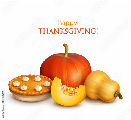 Thanksgiving Day background with pumpkins and pie. Vector illustration.