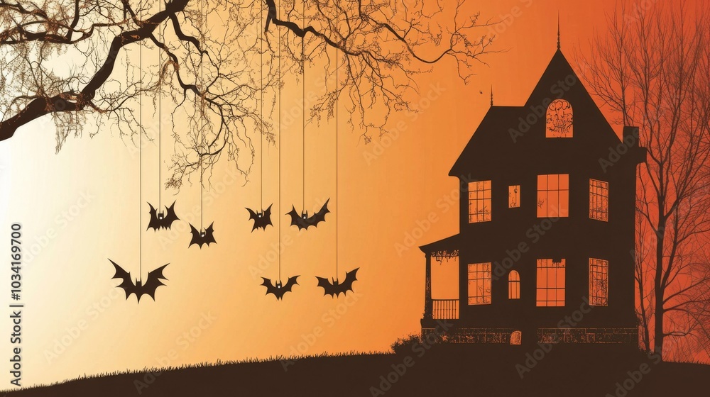 Halloween House: Old haunted house on hill, silhouette with bat decorations hanging from trees. Isolated on orange background. Halloween House: Old haunted house on hill, silhouette with bat decorations hanging from trees. Isolated on orange background.