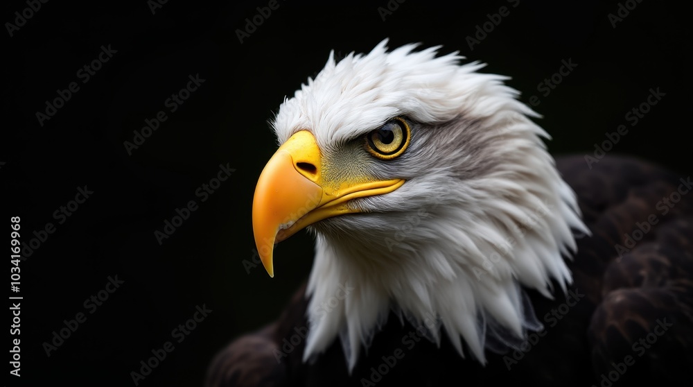 A powerful close-up of a bald eagle's face in side profile, showcasing its majestic features. The image highlights the sharp, hooked beak and the intense yellow eye that conveys a sense of strength. A powerful close-up of a bald eagle's face in side profile, showcasing its majestic features. The image highlights the sharp, hooked beak and the intense yellow eye that conveys a sense of strength.