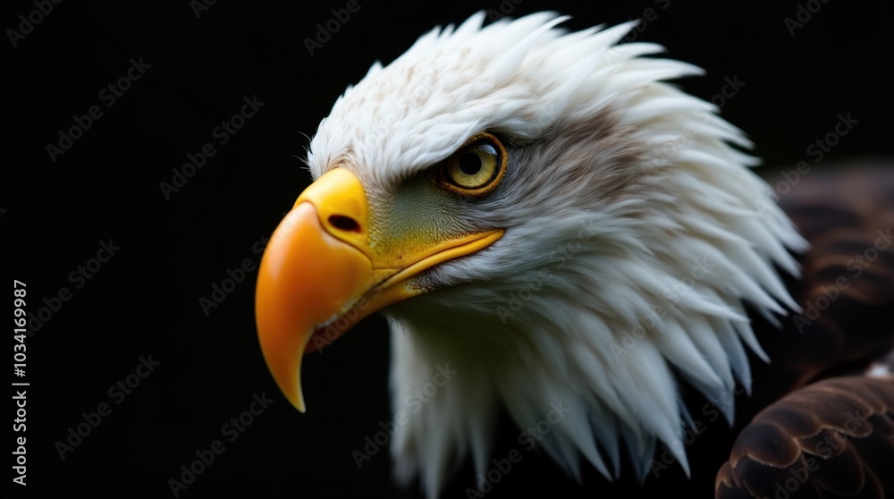 A powerful close-up of a bald eagle's face in side profile, showcasing its majestic features. The image highlights the sharp, hooked beak and the intense yellow eye that conveys a sense of strength. A powerful close-up of a bald eagle's face in side profile, showcasing its majestic features. The image highlights the sharp, hooked beak and the intense yellow eye that conveys a sense of strength.