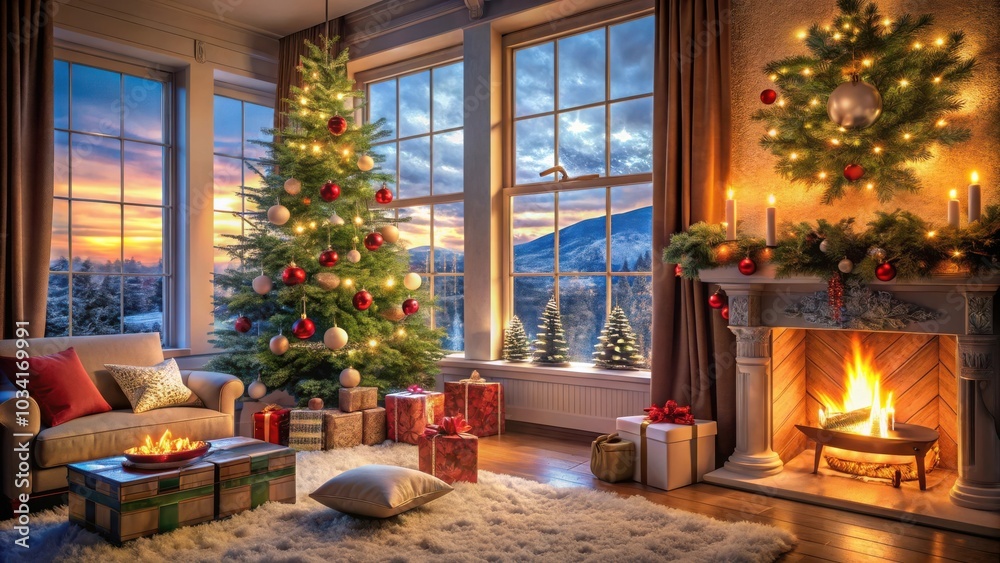 A Cozy Christmas Evening by the Fireplace with a View of a Snowy Landscape and a Decorated Christmas Tree A Cozy Christmas Evening by the Fireplace with a View of a Snowy Landscape and a Decorated Christmas Tree