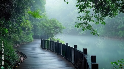 A tranquil scene of the MacRitchie Reservoir, with boardwalks winding through the lush rainforest. photo