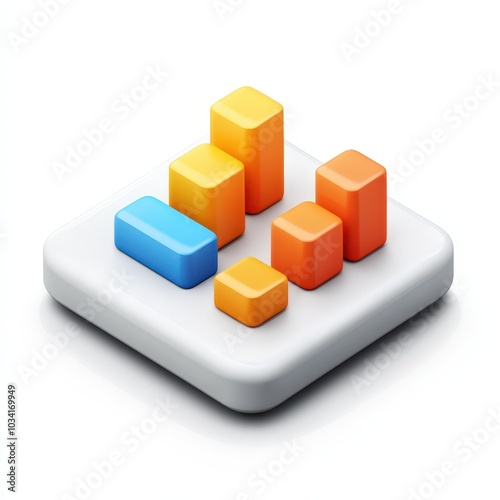 Colorful 3D bar graph icon on a light background showcasing data visualization. 3d model mobile application icons