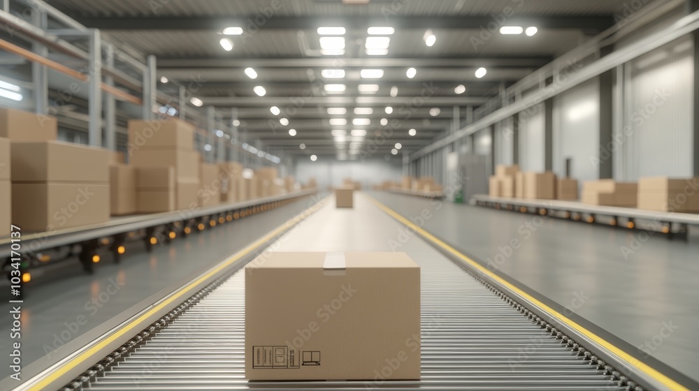 Fototapeta premium Automated conveyor system, packages moving quickly, clean and modern design, very realistic
