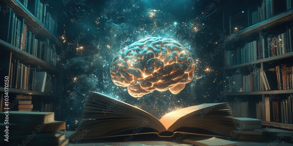 Obraz premium A glowing brain forms above an open book in a mystical library, symbolizing the power of knowledge and imagination in learning and discovery.