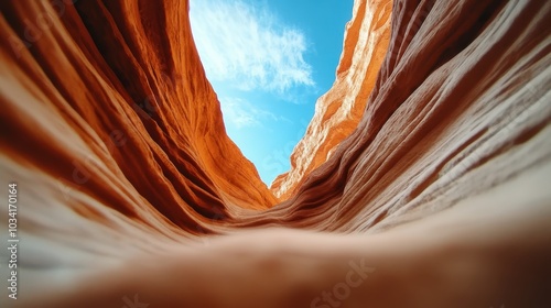 A stunning perspective from the bottom of a vast sandstone canyon, looking up at the intense blue sky framed by rugged, richly colored rock walls and formations. photo