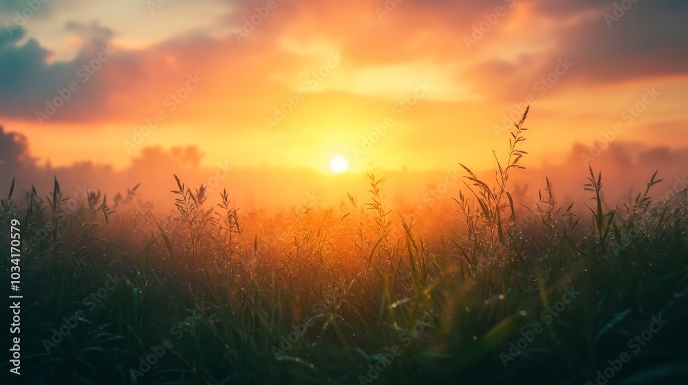 Sunrise over misty grass field in the early morning light Sunrise over misty grass field in the early morning light