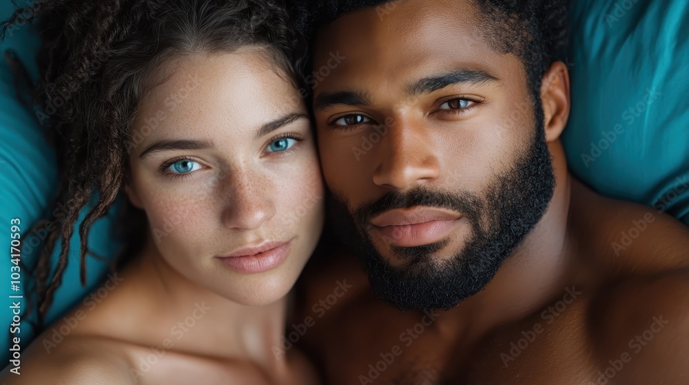 A romantic portrayal of a couple lying together, their serene expressions and relaxed posture creating an atmosphere of love and comfort wrapped in blue bedding. A romantic portrayal of a couple lying together, their serene expressions and relaxed posture creating an atmosphere of love and comfort wrapped in blue bedding.
