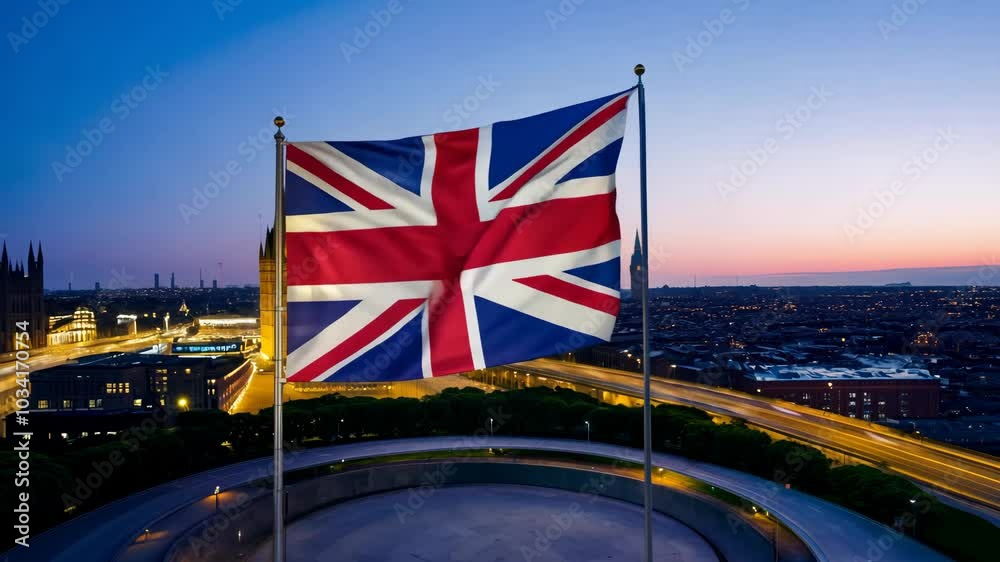 British flag flying high with the sunset sky and distant city in the background.