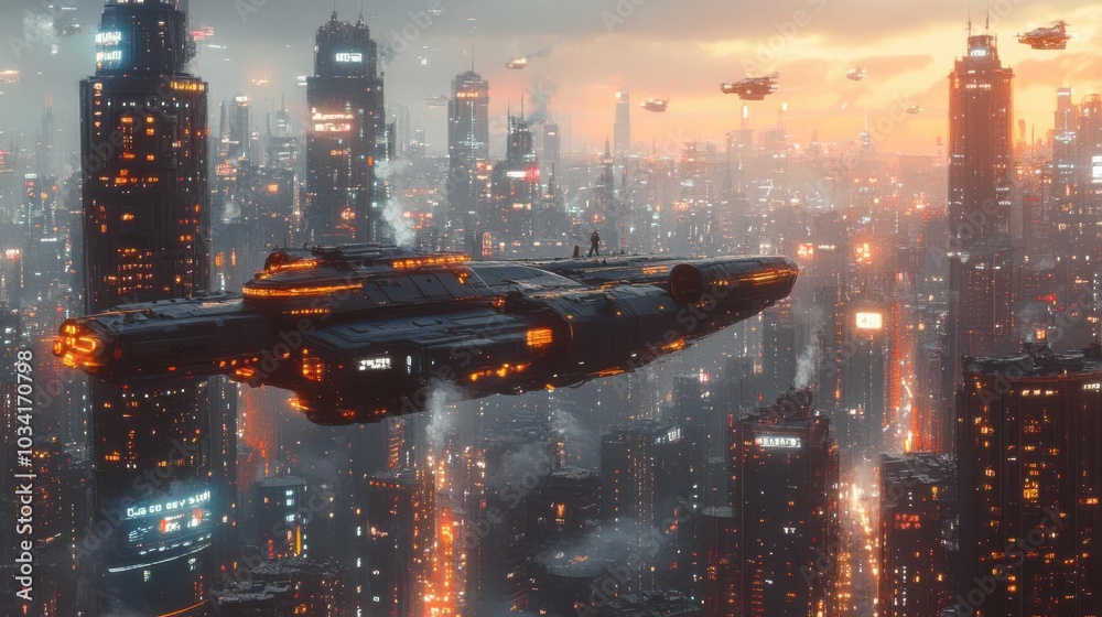 Obraz premium Futuristic spaceship flying over a vibrant cityscape during twilight.