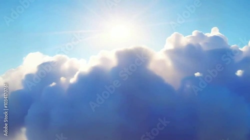 Above white clouds. Flying through heavenly beautiful sunny cloudscape. Amazing timelapse of white fluffy clouds moving softly on the sky and the sun shining above the clouds with beautiful rays