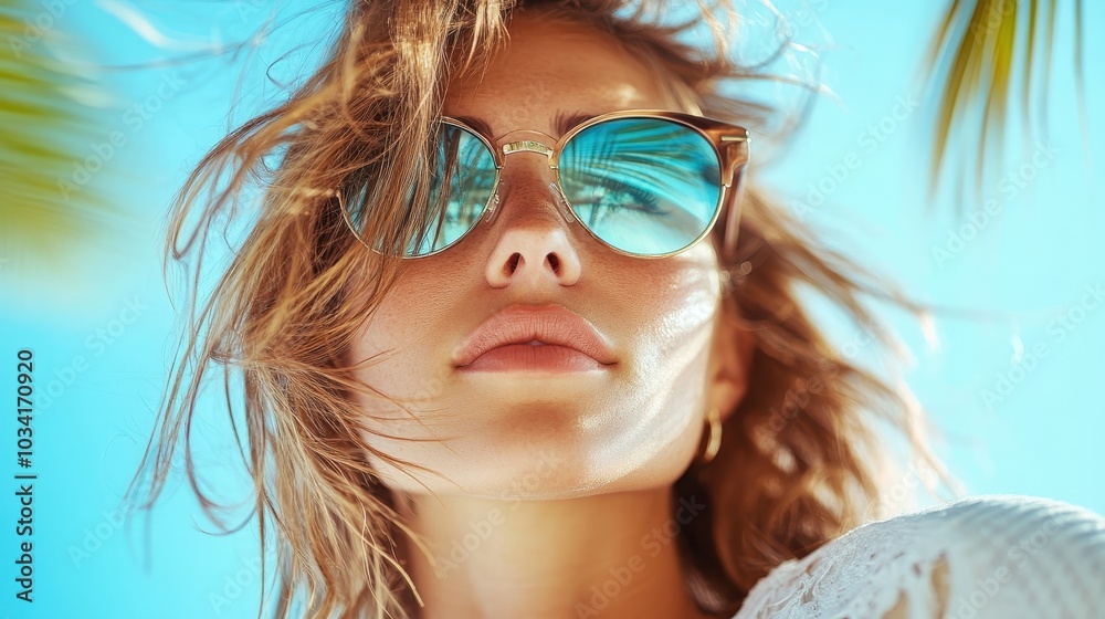A captivating woman wearing sunglasses reflecting a palm tree and clear blue sky, embodying a modern, chic aesthetic with a touch of tropical tranquility. A captivating woman wearing sunglasses reflecting a palm tree and clear blue sky, embodying a modern, chic aesthetic with a touch of tropical tranquility.