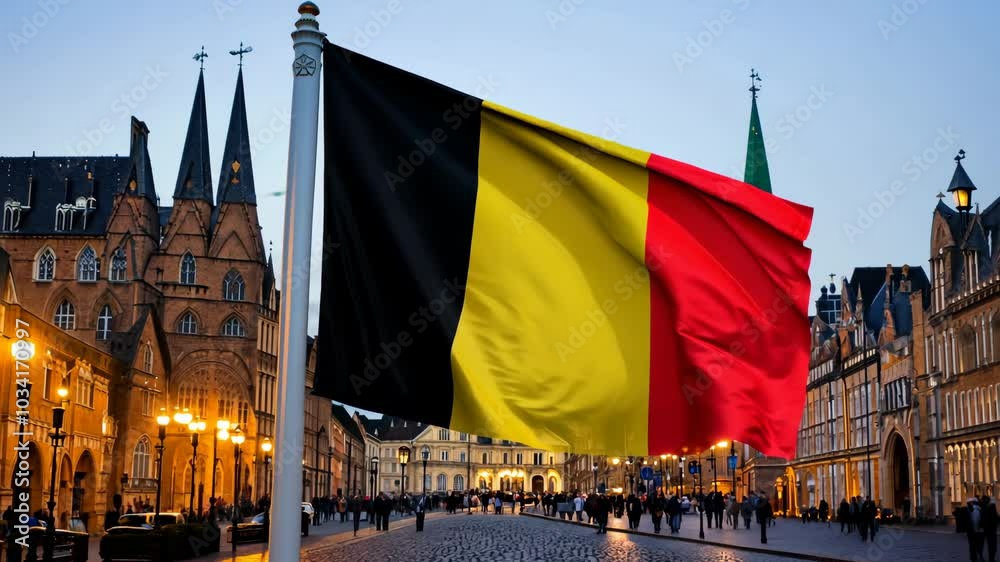Belgian flag waving in front of historical architecture and city square, representing national pride.