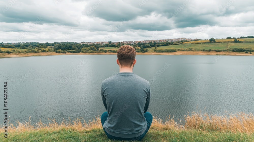 Fototapeta premium Contemplating Nature's Serenity A Young Man's Reflection by the Calm Waters of a Picturesque Lake Surrounded by Lush Greenery