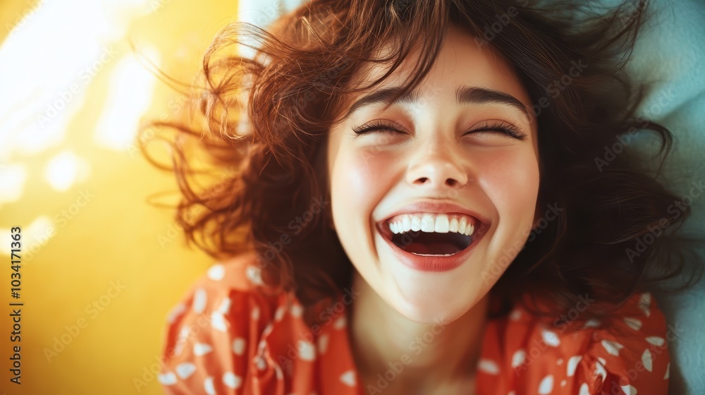 A joyful woman laughing heartily, with tousled curly hair, dressed in a polka dot top, lying on a yellow surface, radiates warmth and happiness vividly. A joyful woman laughing heartily, with tousled curly hair, dressed in a polka dot top, lying on a yellow surface, radiates warmth and happiness vividly.