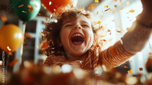 A joyful child expressing pure happiness while surrounded by colorful balloons and confetti, embodying a moment of uncontained joy and cheerfulness. photo