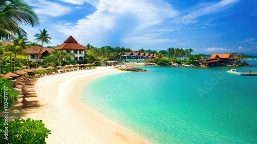 Beautiful view of Sentosa Island beach resorts, showcasing the tropical landscape and turquoise waters.