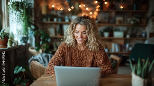 A woman, deeply focused on her work, sits at a laptop in a warmly decorated room, highlighting productivity, creativity, and a comfortable workspace.